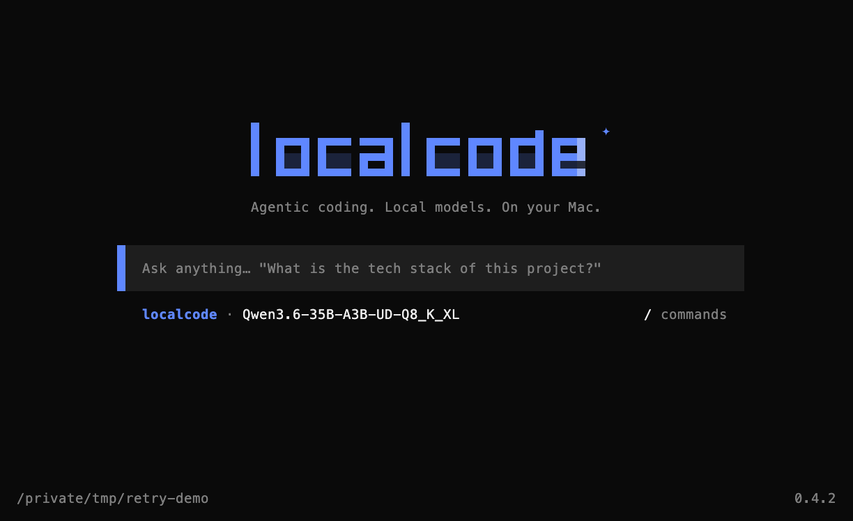 A real localcode turn: it reads the stub and test, edits the file, runs pytest -q, and reports 1 passed
