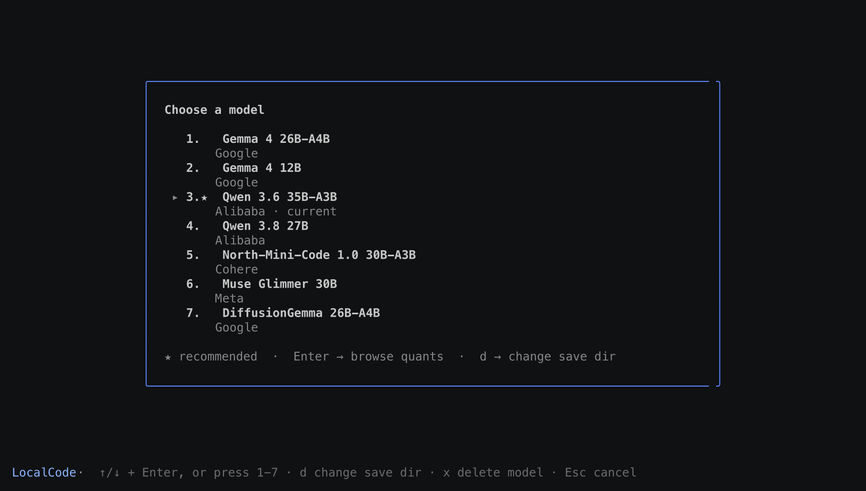 The localcode model picker: seven models, moving down the list and choosing one