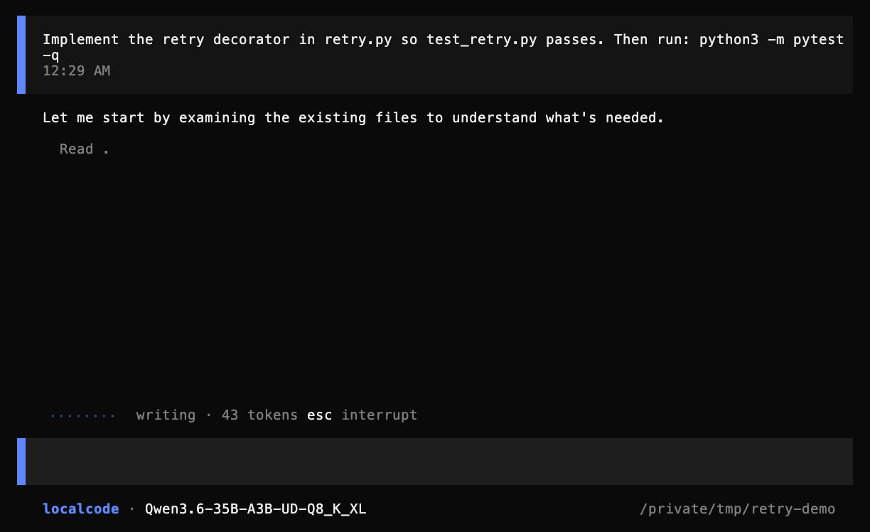 localcode reading files, editing them, and then showing 1 passed in pytest