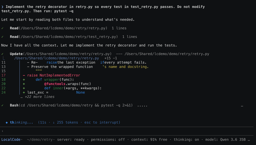 localcode reading files, editing them, and then showing 5 passed in pytest